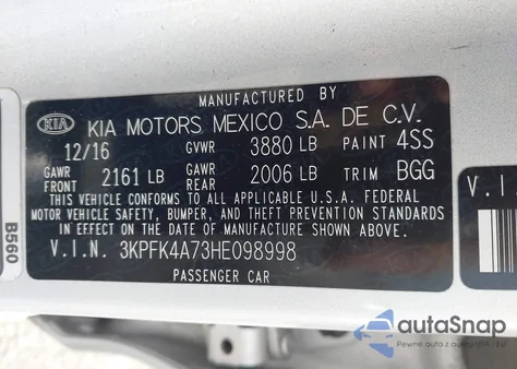 2017 Kia Forte Lx z USA, uszkodzony, nr VIN 3KPFK4A73HE098998